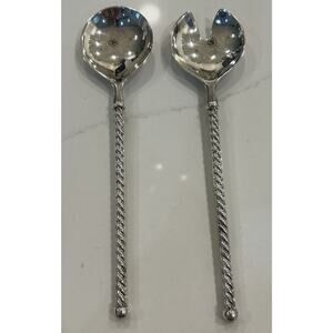 Vtg EP ZINC Italy Serving Salad Spoon and Fork Set Twisted Silverplated 9.5" MCM
